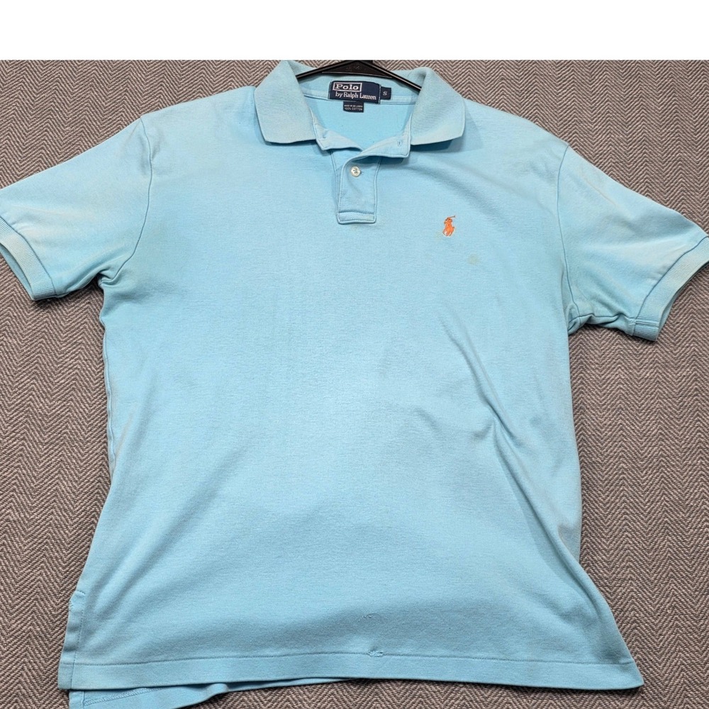 Polo Ralph Lauren Mens Small Light Blue Cotton Short Sleeve Polo Orange Pony
